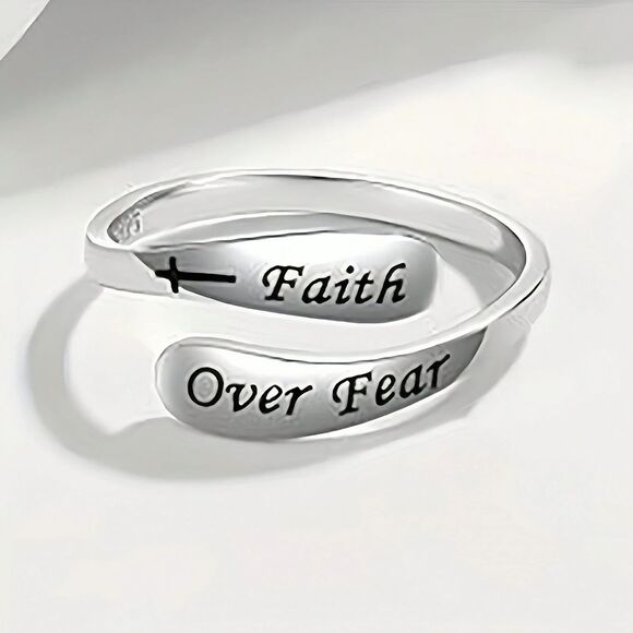 Faith over Fear 925 Silver Open Ring Adjstble Engraved Religious Spiritual Cross - Picture 3 of 5